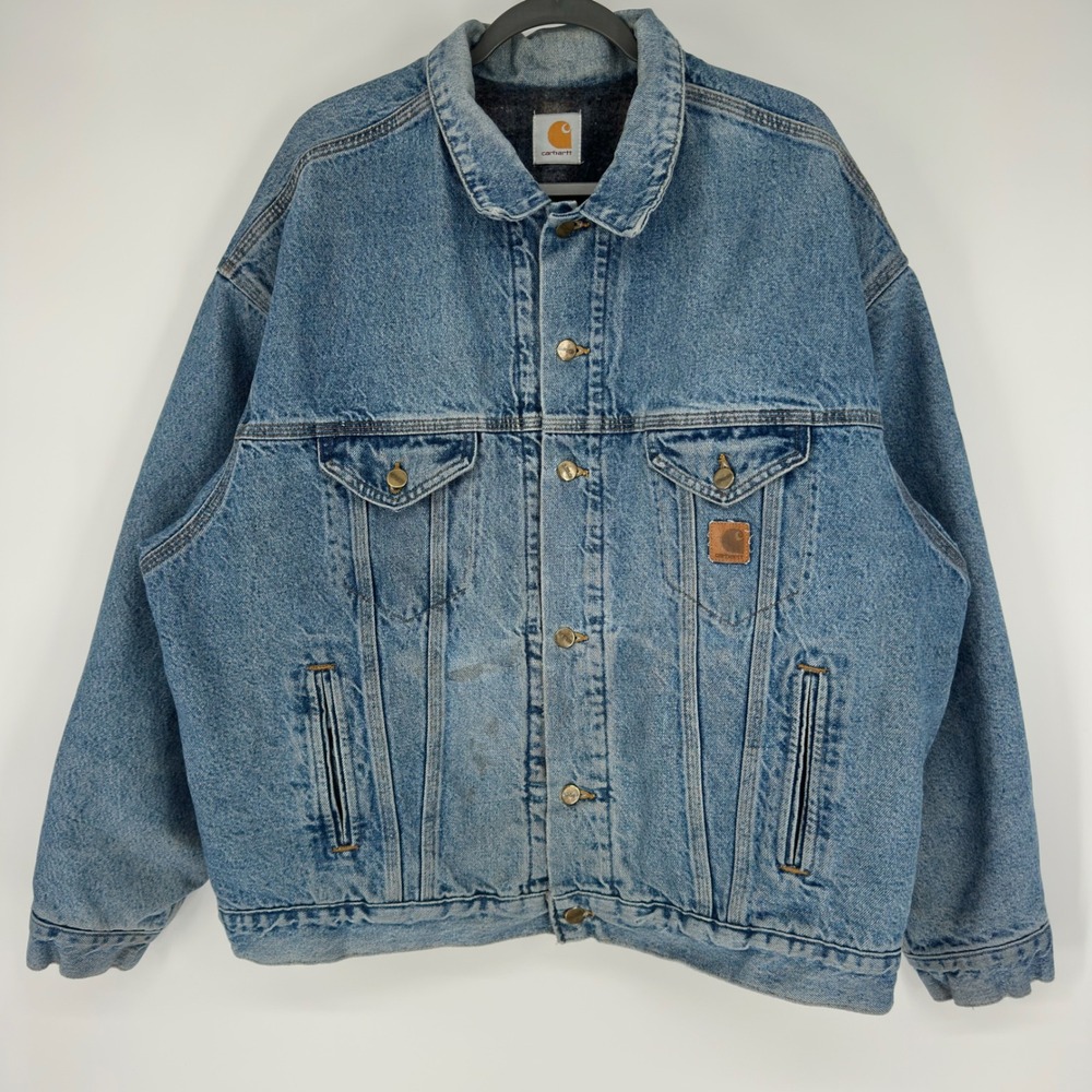 Vintage 90s Carhartt Blanket Lined Denim Trucker Jacket Light Wash Mens XL